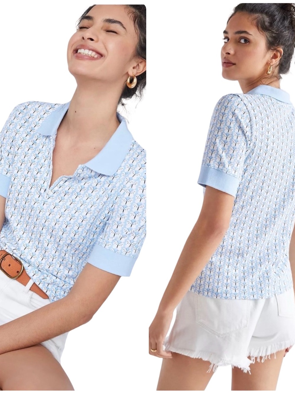 Anthropologie Maeve Baby Blue White Butterfly Stretch Polo Shirt XS